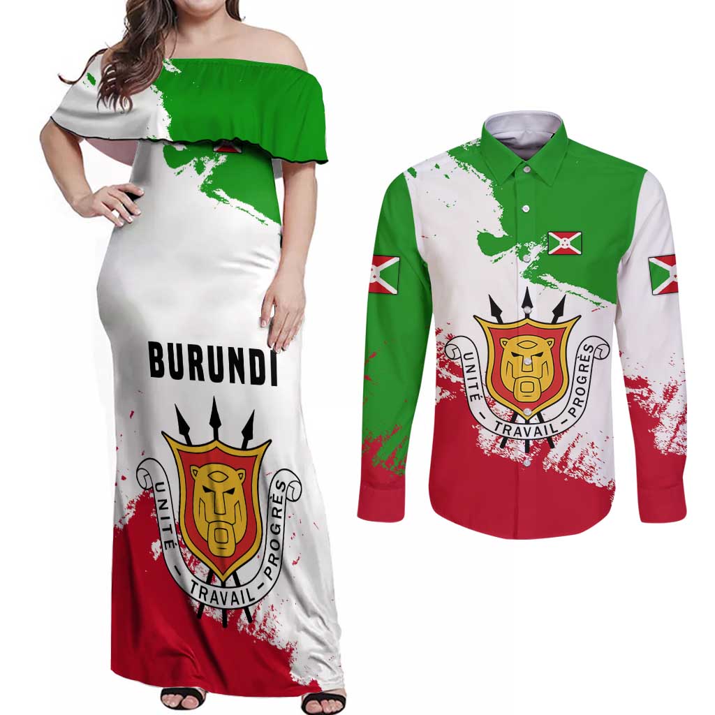 Burundi Flag Couples Matching Off Shoulder Maxi Dress and Long Sleeve Button Shirt with National Emblem and Motto Unité Travail Progres