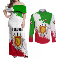 Burundi Flag Couples Matching Off Shoulder Maxi Dress and Long Sleeve Button Shirt with National Emblem and Motto Unité Travail Progres