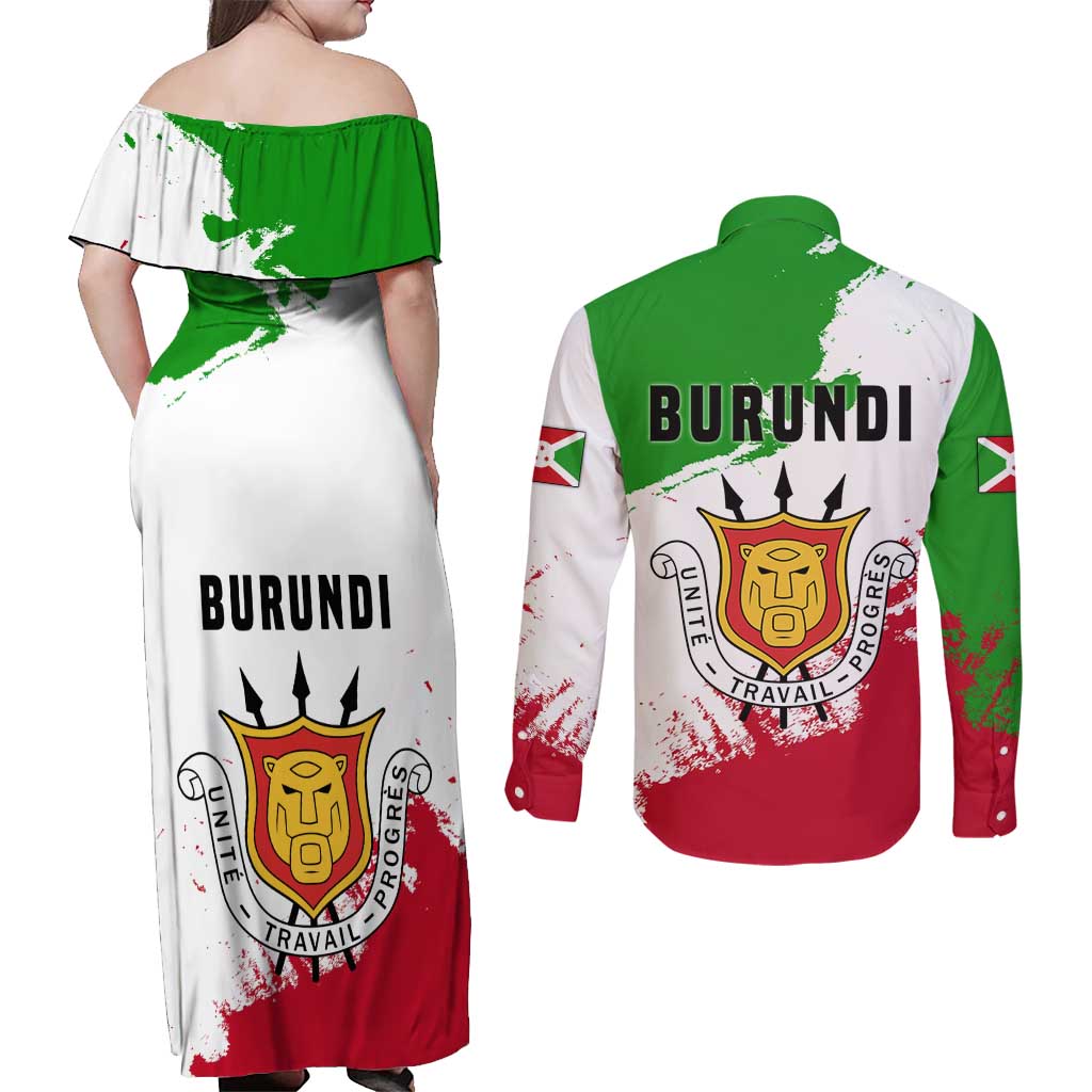 Burundi Flag Couples Matching Off Shoulder Maxi Dress and Long Sleeve Button Shirt with National Emblem and Motto Unité Travail Progres