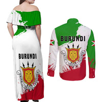 Burundi Flag Couples Matching Off Shoulder Maxi Dress and Long Sleeve Button Shirt with National Emblem and Motto Unité Travail Progres