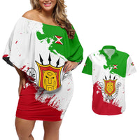 Burundi Flag Couples Matching Off Shoulder Short Dress and Hawaiian Shirt with National Emblem and Motto Unité Travail Progres