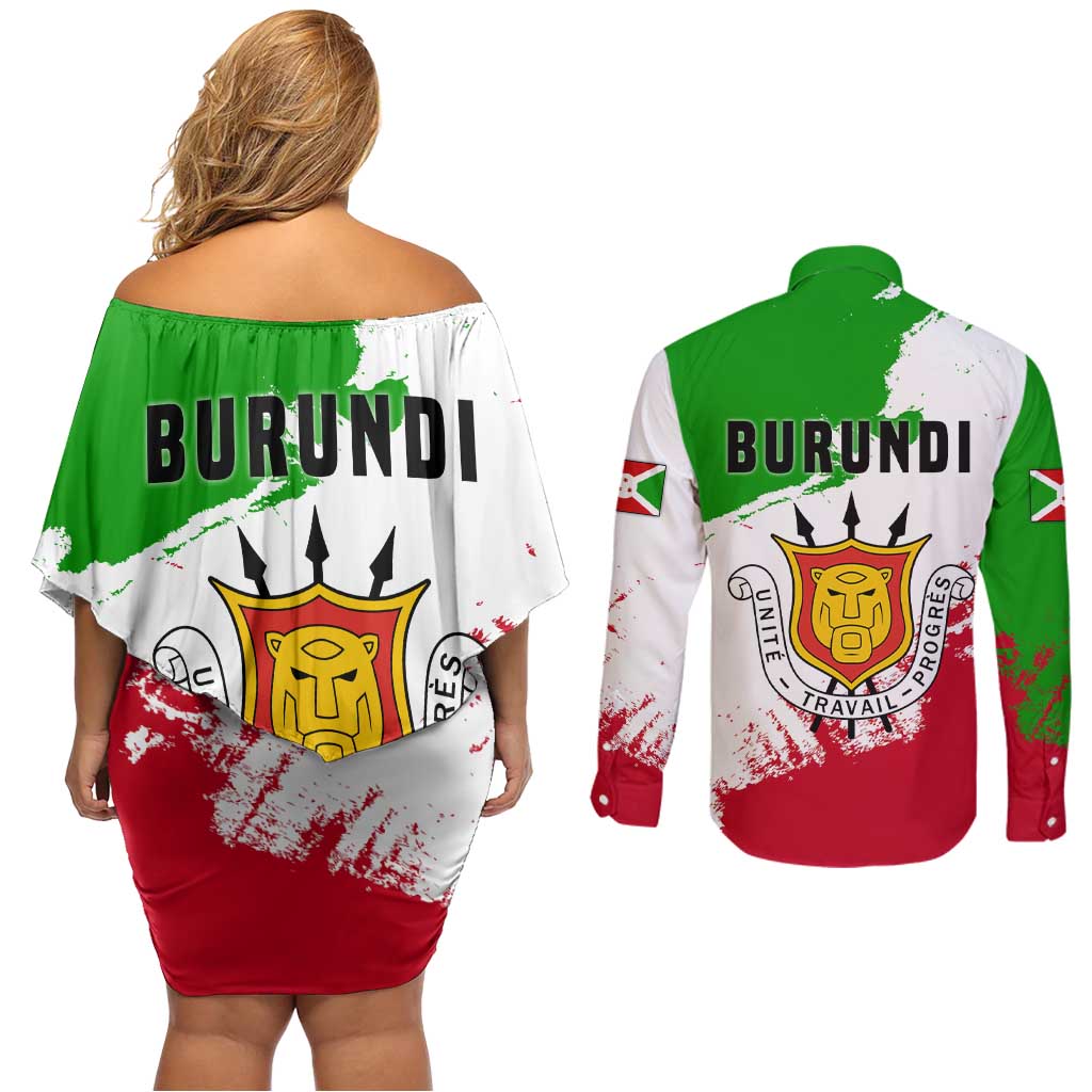 Burundi Flag Couples Matching Off Shoulder Short Dress and Long Sleeve Button Shirt with National Emblem and Motto Unité Travail Progres