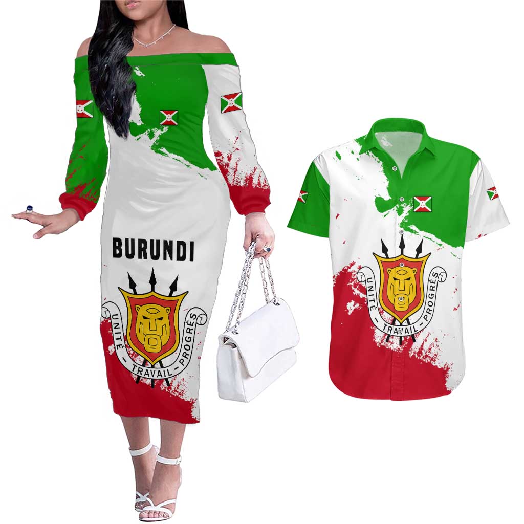 Burundi Flag Couples Matching Off The Shoulder Long Sleeve Dress and Hawaiian Shirt with National Emblem and Motto Unité Travail Progres