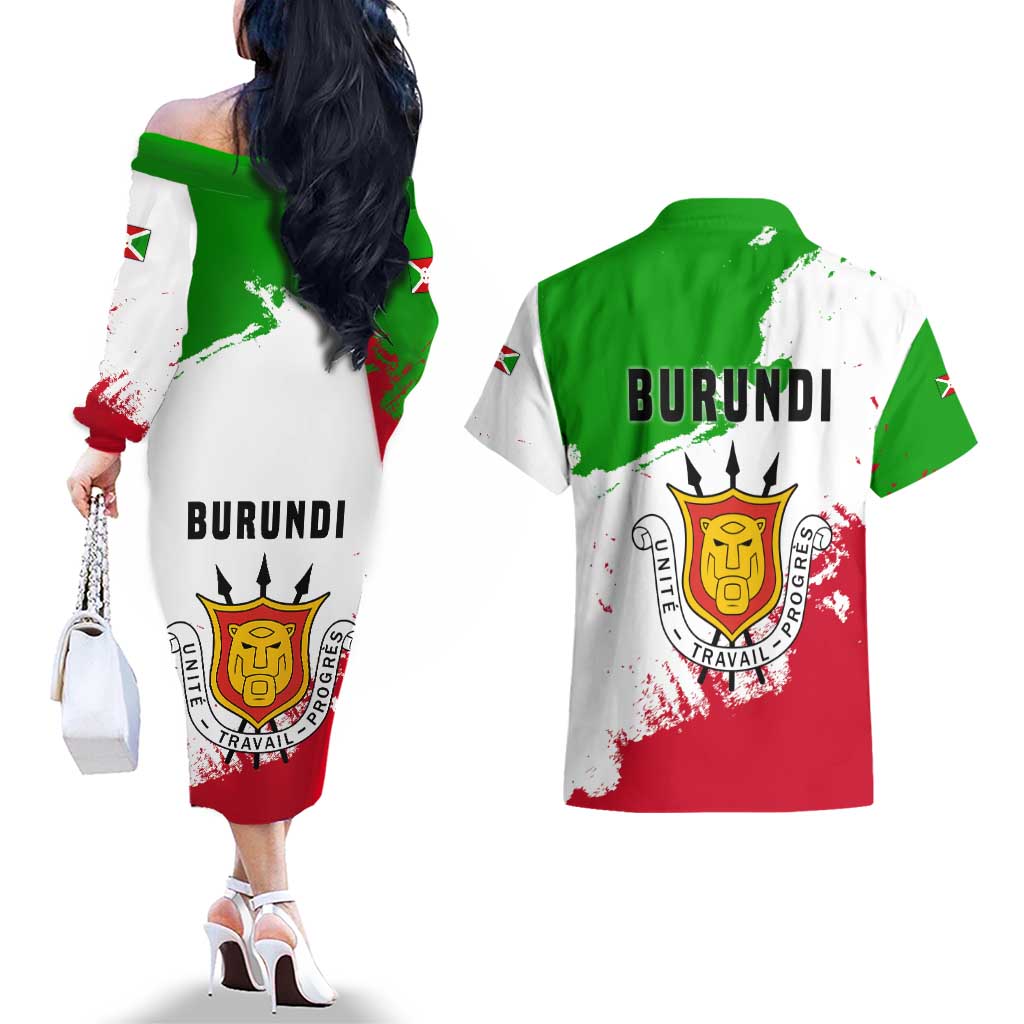 Burundi Flag Couples Matching Off The Shoulder Long Sleeve Dress and Hawaiian Shirt with National Emblem and Motto Unité Travail Progres
