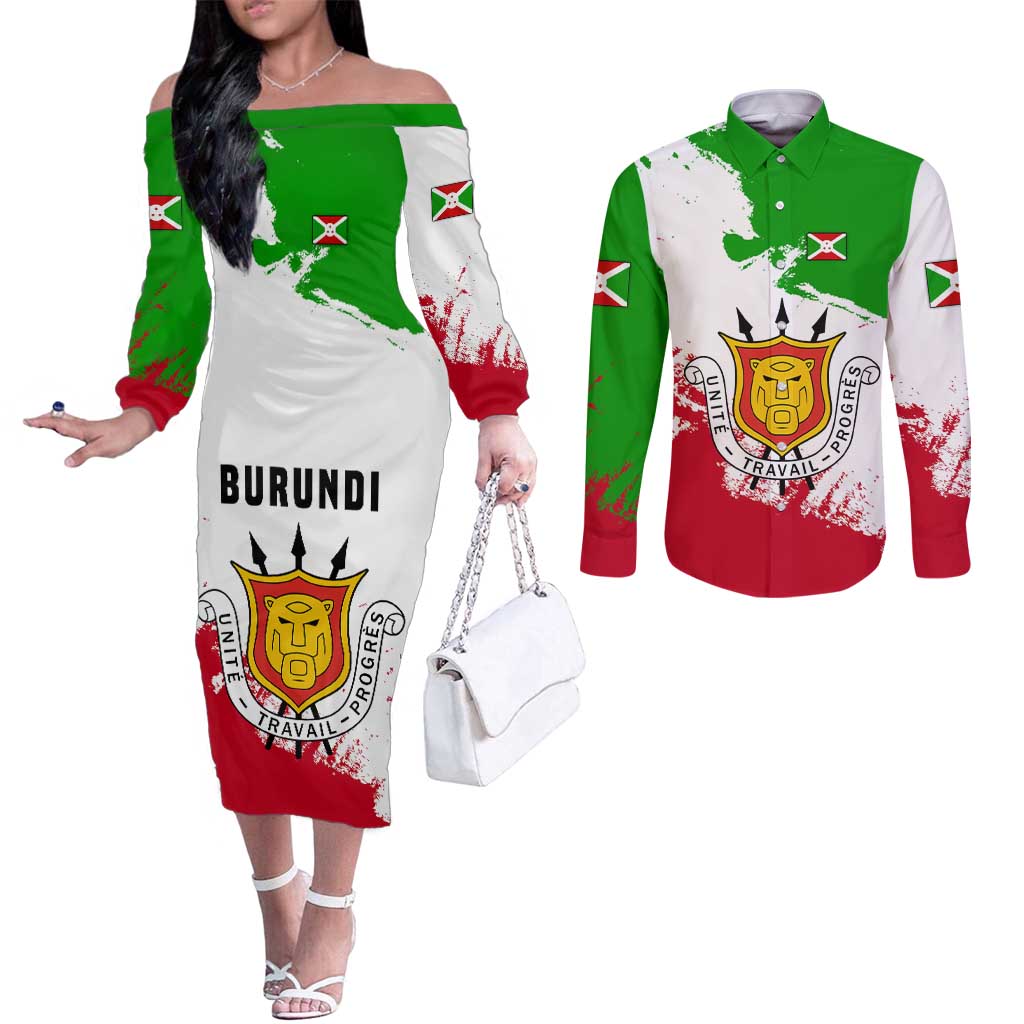 Burundi Flag Couples Matching Off The Shoulder Long Sleeve Dress and Long Sleeve Button Shirt with National Emblem and Motto Unité Travail Progres