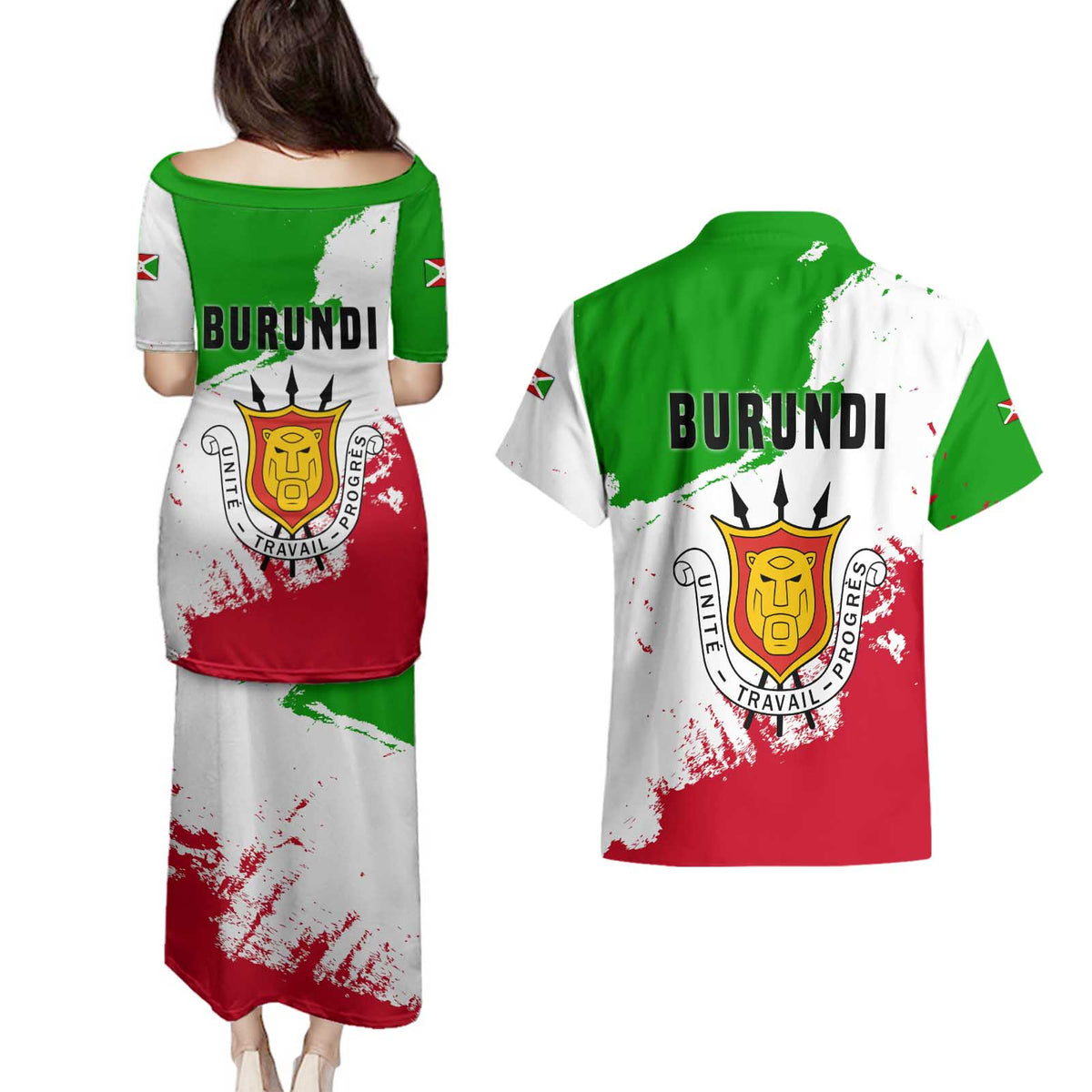 Burundi Flag Couples Matching Puletasi and Hawaiian Shirt with National Emblem and Motto Unité Travail Progres