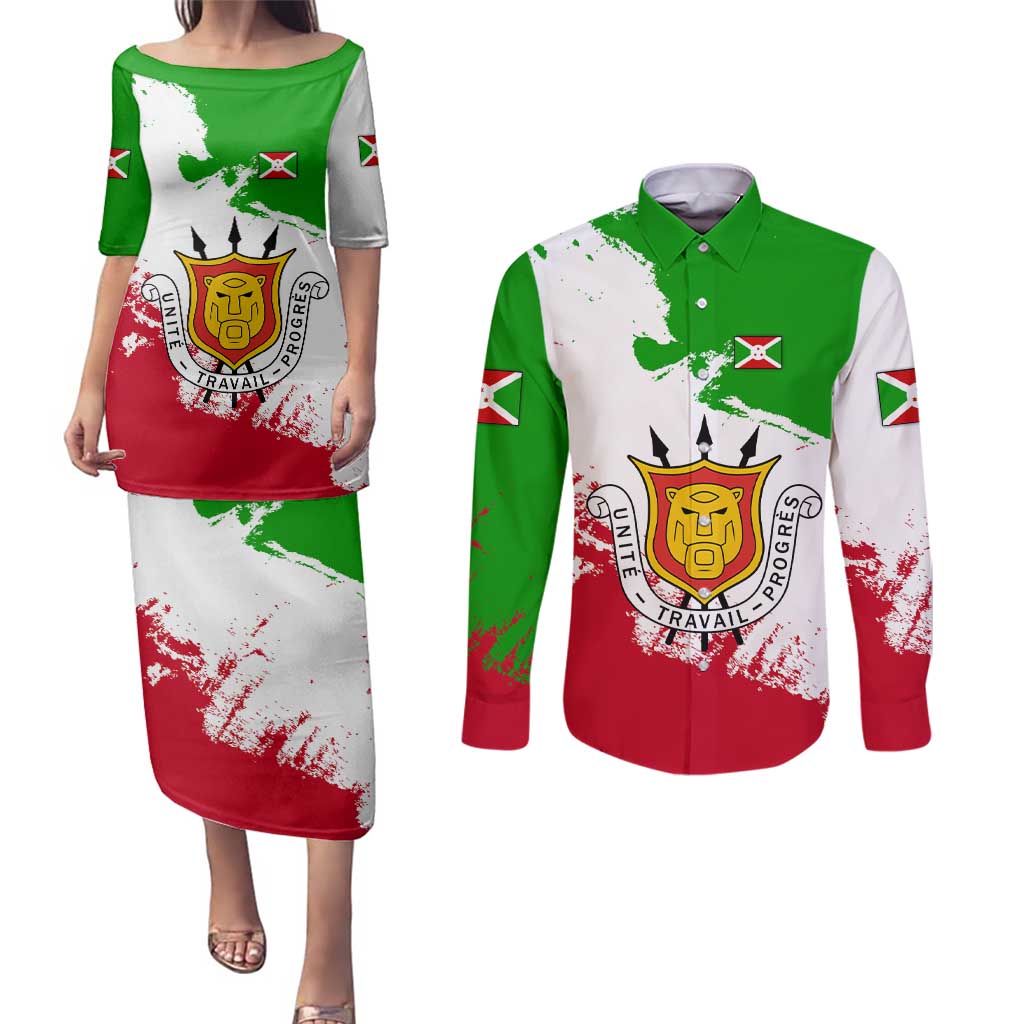 Burundi Flag Couples Matching Puletasi and Long Sleeve Button Shirt with National Emblem and Motto Unité Travail Progres
