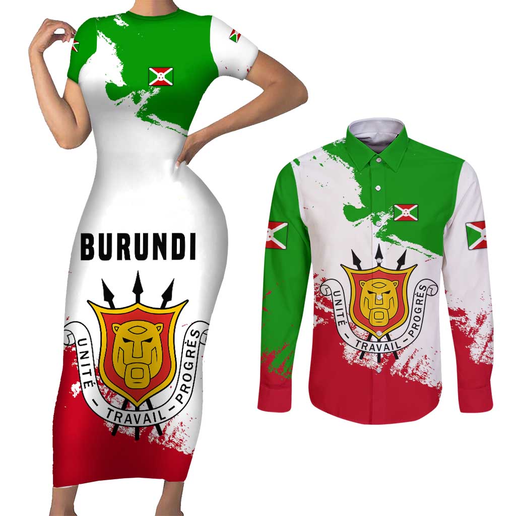 Burundi Flag Couples Matching Short Sleeve Bodycon Dress and Long Sleeve Button Shirt with National Emblem and Motto Unité Travail Progres