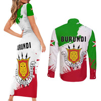 Burundi Flag Couples Matching Short Sleeve Bodycon Dress and Long Sleeve Button Shirt with National Emblem and Motto Unité Travail Progres