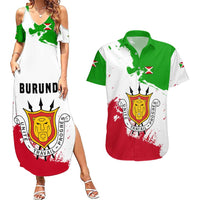 Burundi Flag Couples Matching Summer Maxi Dress and Hawaiian Shirt with National Emblem and Motto Unité Travail Progres