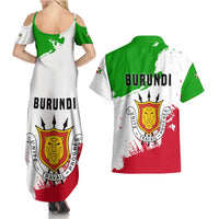Burundi Flag Couples Matching Summer Maxi Dress and Hawaiian Shirt with National Emblem and Motto Unité Travail Progres