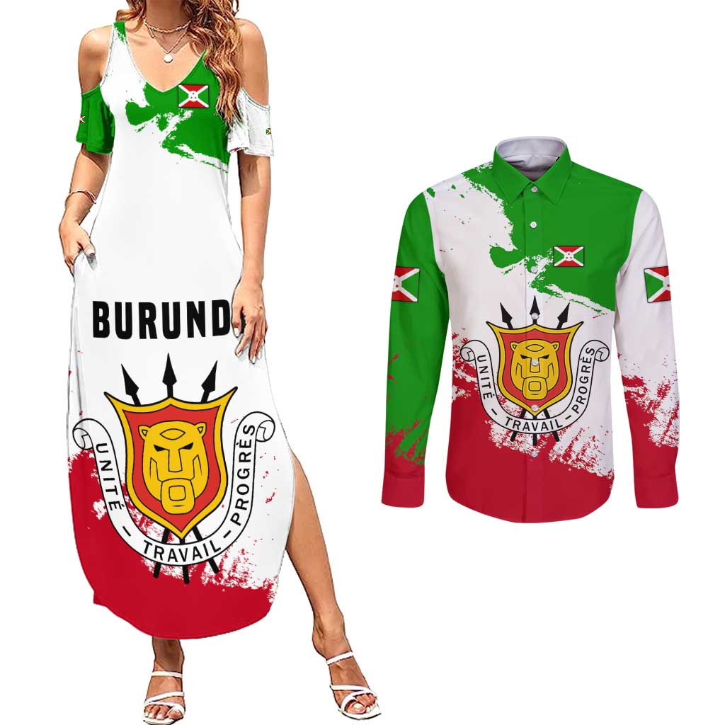Burundi Flag Couples Matching Summer Maxi Dress and Long Sleeve Button Shirt with National Emblem and Motto Unité Travail Progres