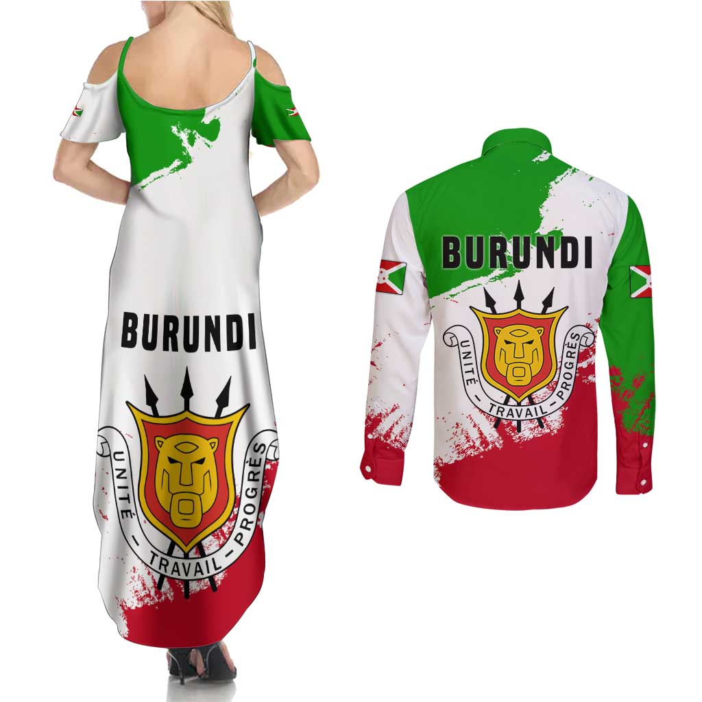 Burundi Flag Couples Matching Summer Maxi Dress and Long Sleeve Button Shirt with National Emblem and Motto Unité Travail Progres