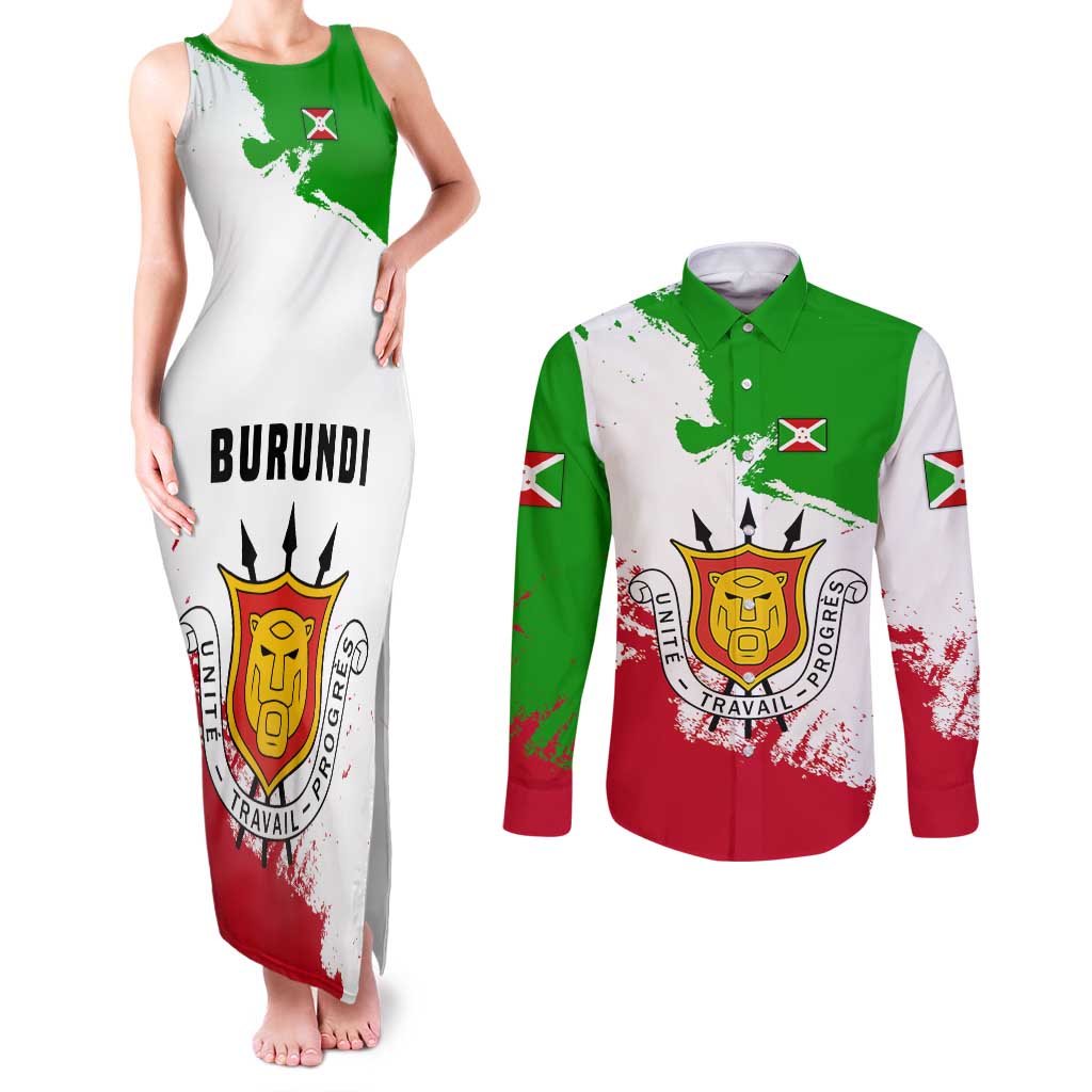 Burundi Flag Couples Matching Tank Maxi Dress and Long Sleeve Button Shirt with National Emblem and Motto Unité Travail Progres