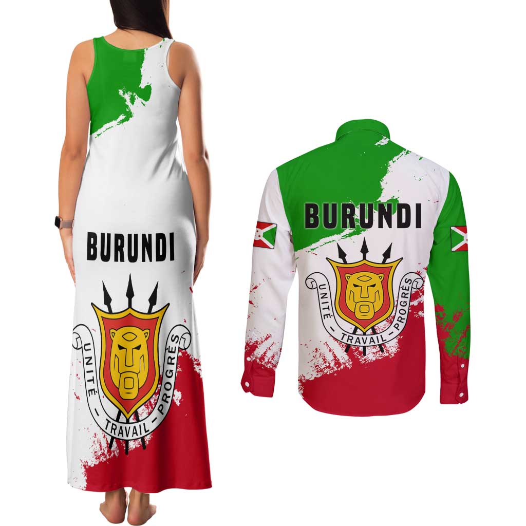 Burundi Flag Couples Matching Tank Maxi Dress and Long Sleeve Button Shirt with National Emblem and Motto Unité Travail Progres