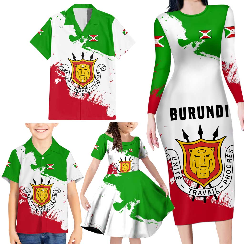 Burundi Flag Family Matching Long Sleeve Bodycon Dress and Hawaiian Shirt with National Emblem and Motto Unité Travail Progres