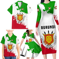 Burundi Flag Family Matching Long Sleeve Bodycon Dress and Hawaiian Shirt with National Emblem and Motto Unité Travail Progres