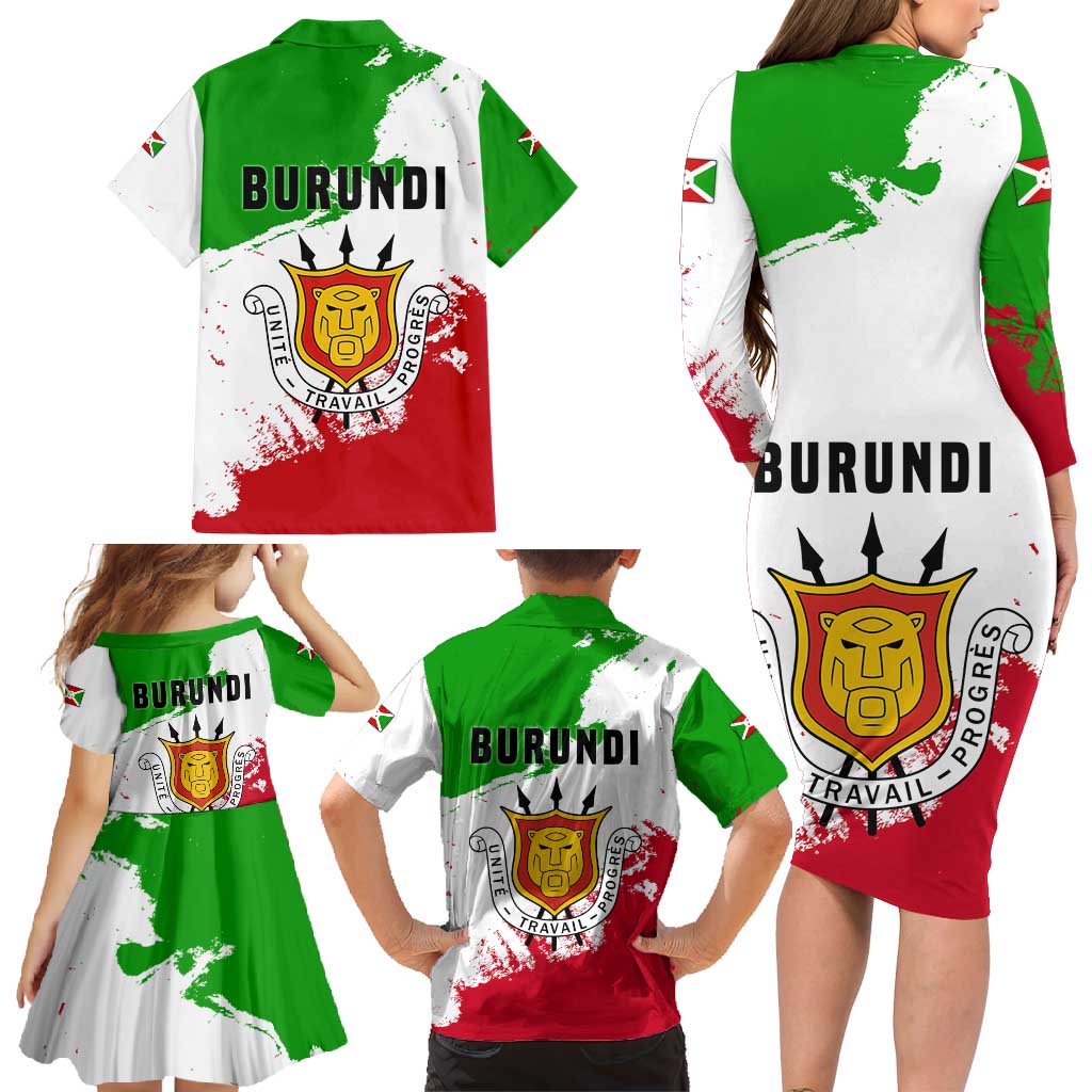 Burundi Flag Family Matching Long Sleeve Bodycon Dress and Hawaiian Shirt with National Emblem and Motto Unité Travail Progres