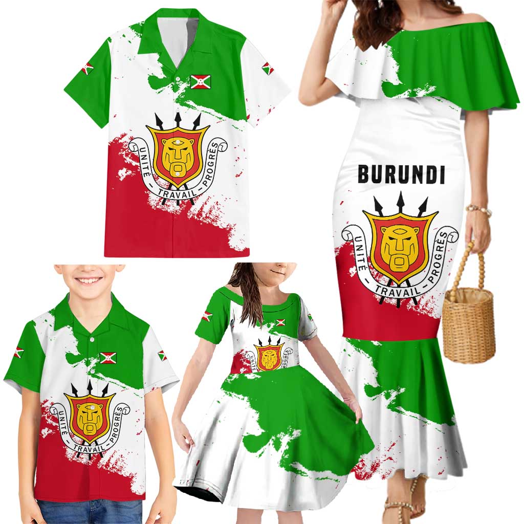 Burundi Flag Family Matching Mermaid Dress and Hawaiian Shirt with National Emblem and Motto Unité Travail Progres