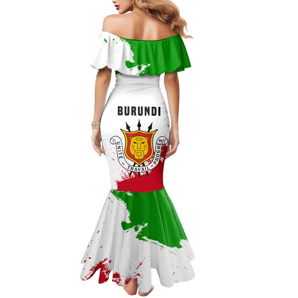 Burundi Flag Family Matching Mermaid Dress and Hawaiian Shirt with National Emblem and Motto Unité Travail Progres