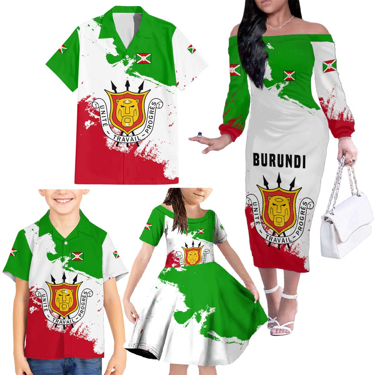 Burundi Flag Family Matching Off The Shoulder Long Sleeve Dress and Hawaiian Shirt with National Emblem and Motto Unité Travail Progres