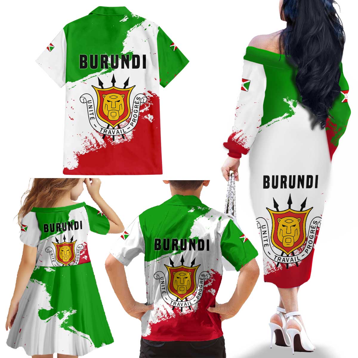 Burundi Flag Family Matching Off The Shoulder Long Sleeve Dress and Hawaiian Shirt with National Emblem and Motto Unité Travail Progres
