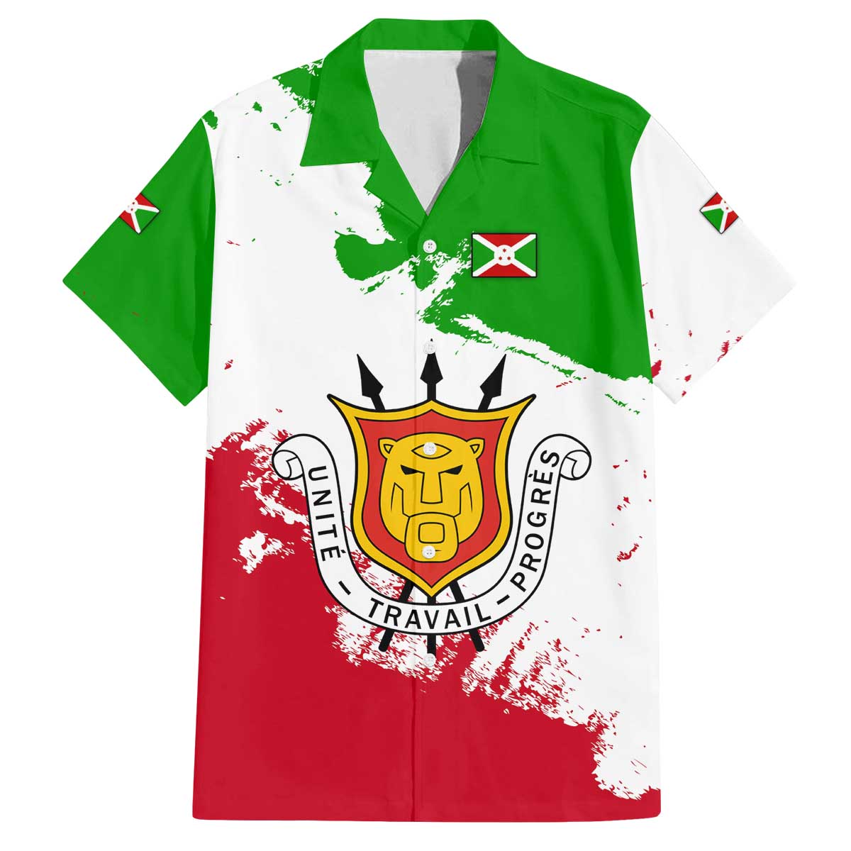Burundi Flag Family Matching Off The Shoulder Long Sleeve Dress and Hawaiian Shirt with National Emblem and Motto Unité Travail Progres