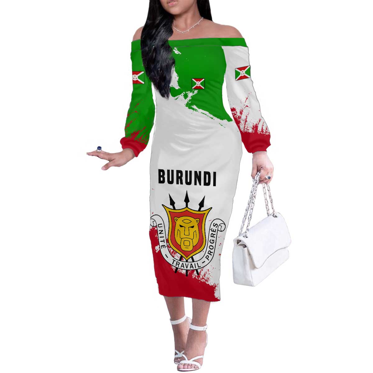 Burundi Flag Family Matching Off The Shoulder Long Sleeve Dress and Hawaiian Shirt with National Emblem and Motto Unité Travail Progres