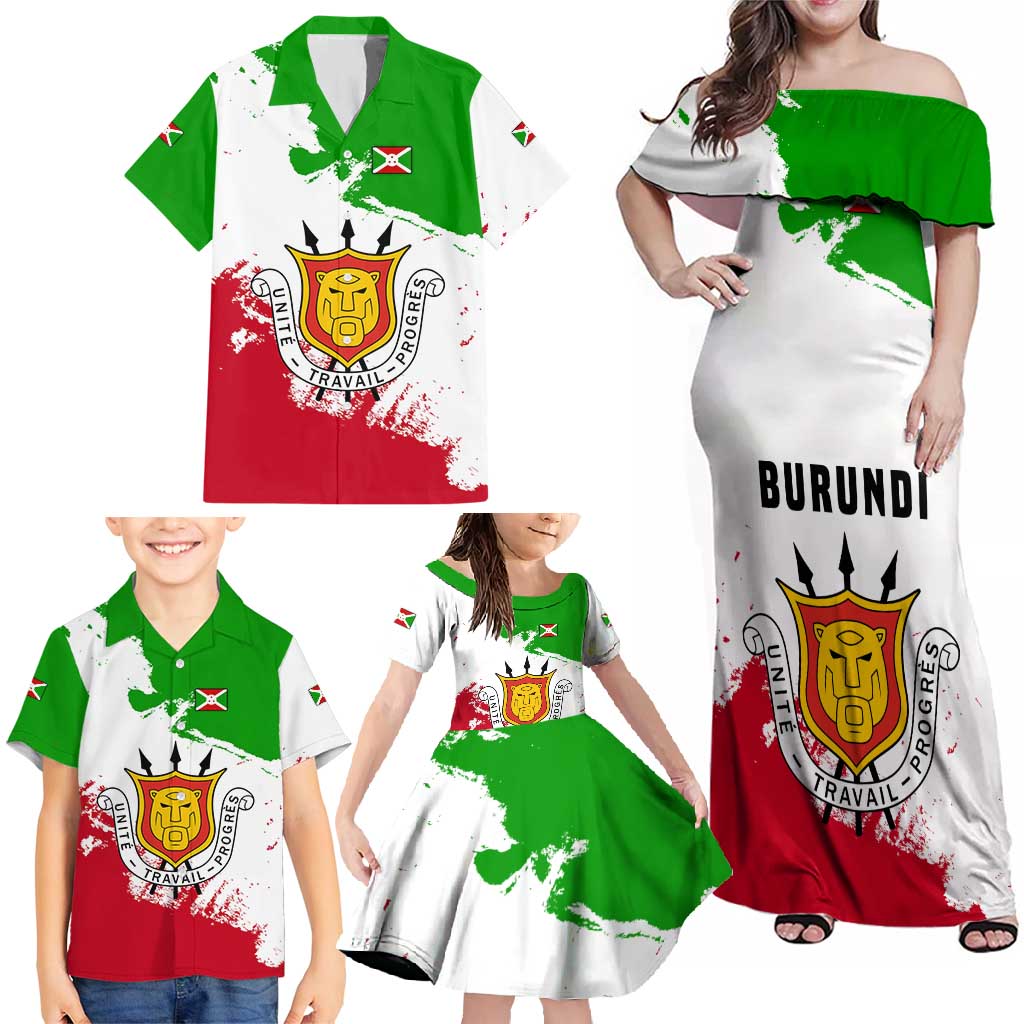 Burundi Flag Family Matching Off Shoulder Maxi Dress and Hawaiian Shirt with National Emblem and Motto Unité Travail Progres