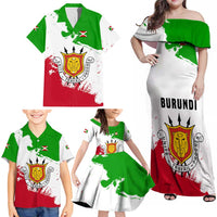 Burundi Flag Family Matching Off Shoulder Maxi Dress and Hawaiian Shirt with National Emblem and Motto Unité Travail Progres