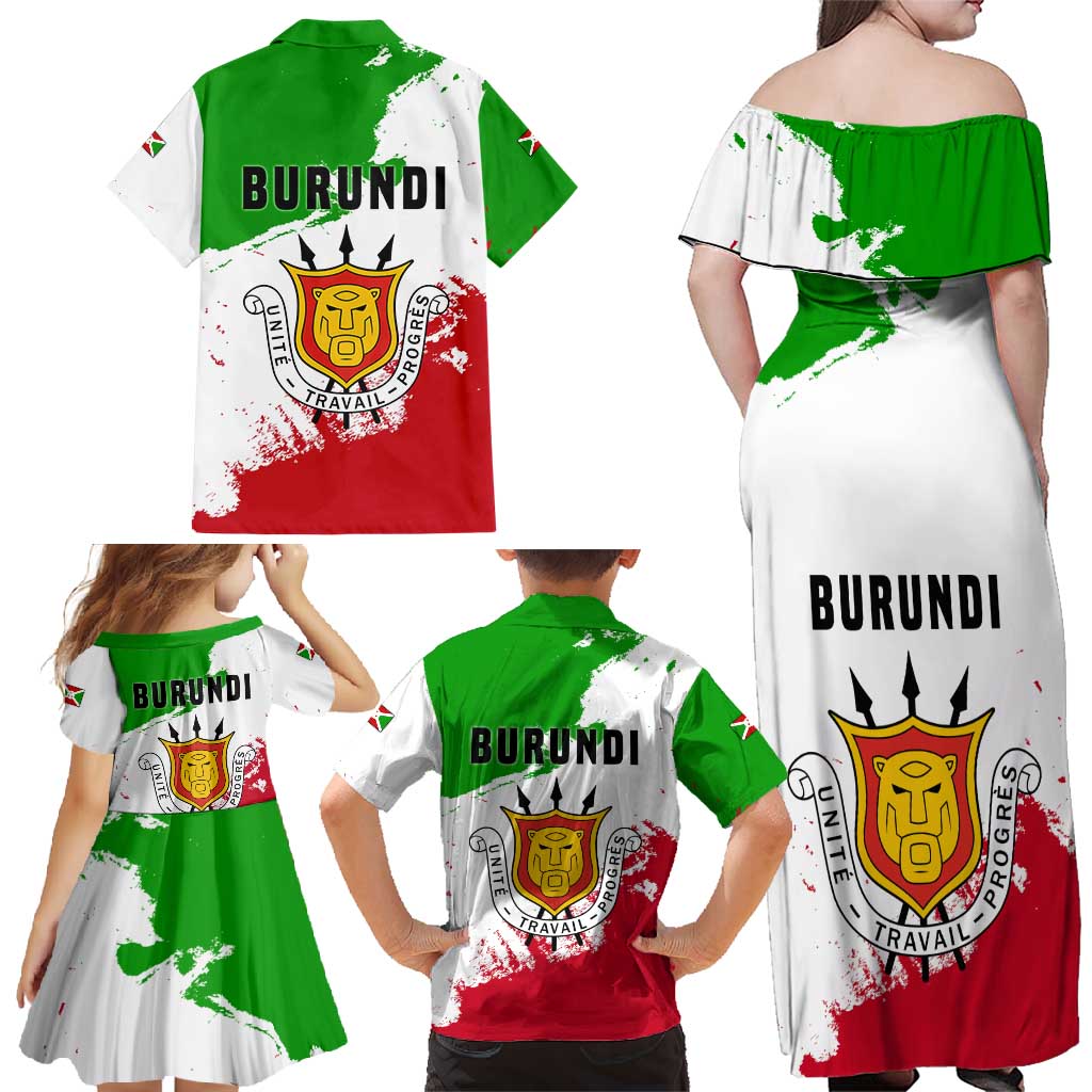 Burundi Flag Family Matching Off Shoulder Maxi Dress and Hawaiian Shirt with National Emblem and Motto Unité Travail Progres