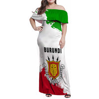 Burundi Flag Family Matching Off Shoulder Maxi Dress and Hawaiian Shirt with National Emblem and Motto Unité Travail Progres