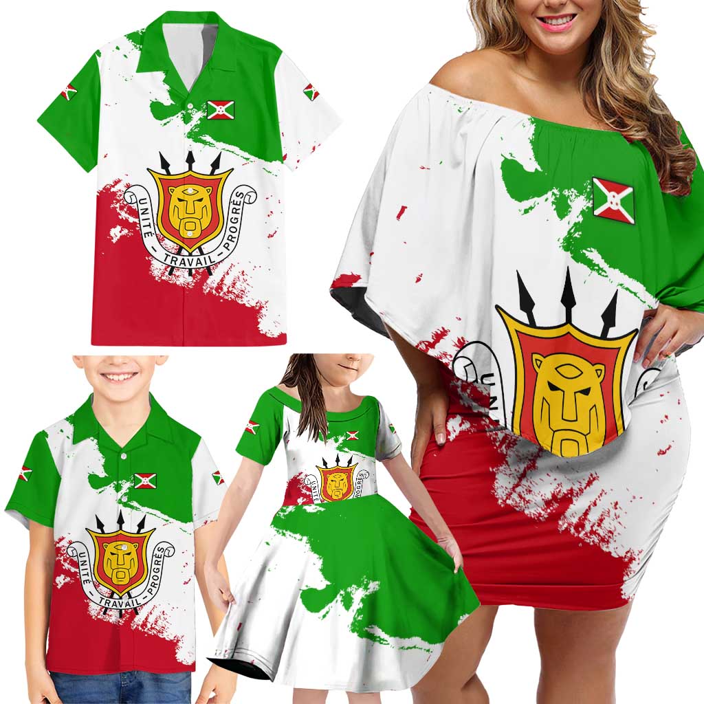 Burundi Flag Family Matching Off Shoulder Short Dress and Hawaiian Shirt with National Emblem and Motto Unité Travail Progres
