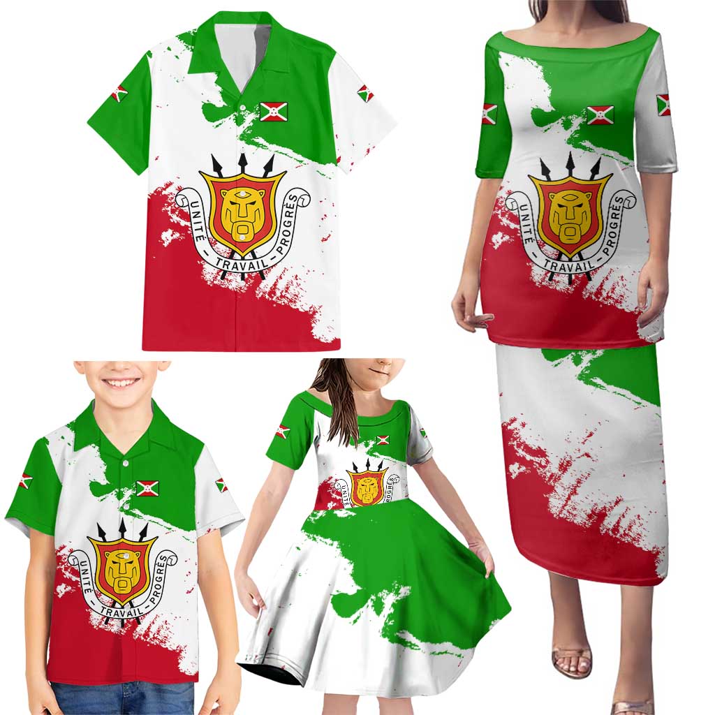 Burundi Flag Family Matching Puletasi and Hawaiian Shirt with National Emblem and Motto Unité Travail Progres