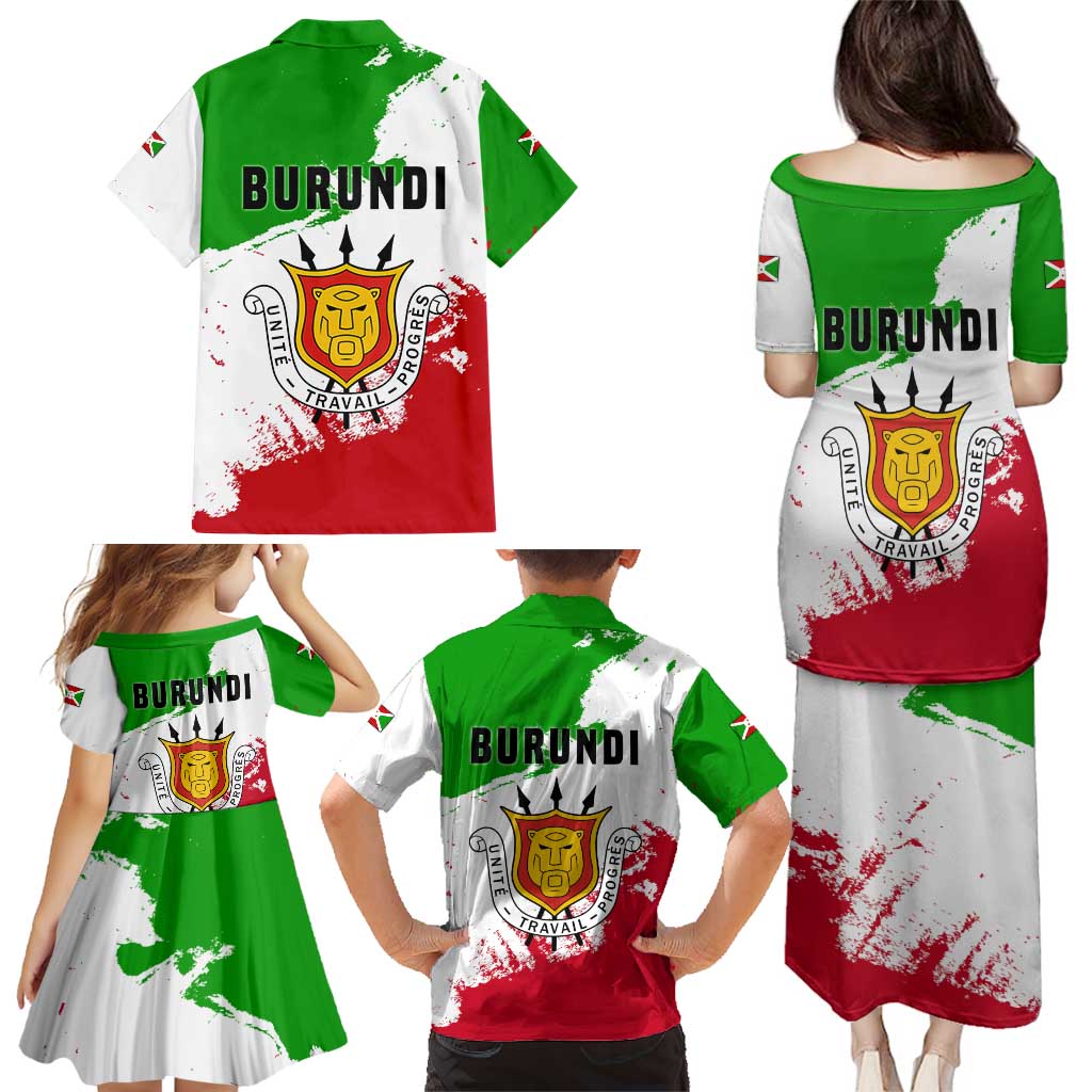 Burundi Flag Family Matching Puletasi and Hawaiian Shirt with National Emblem and Motto Unité Travail Progres