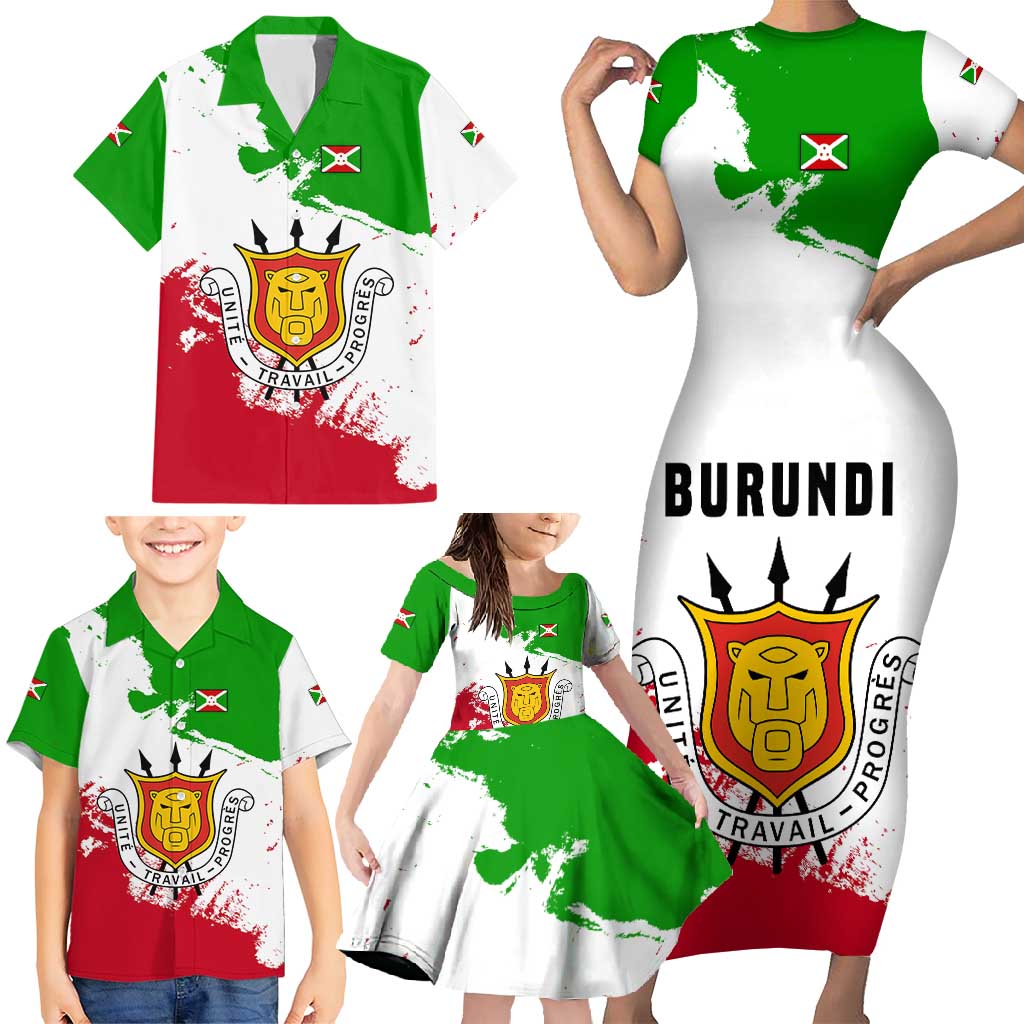 Burundi Flag Family Matching Short Sleeve Bodycon Dress and Hawaiian Shirt with National Emblem and Motto Unité Travail Progres