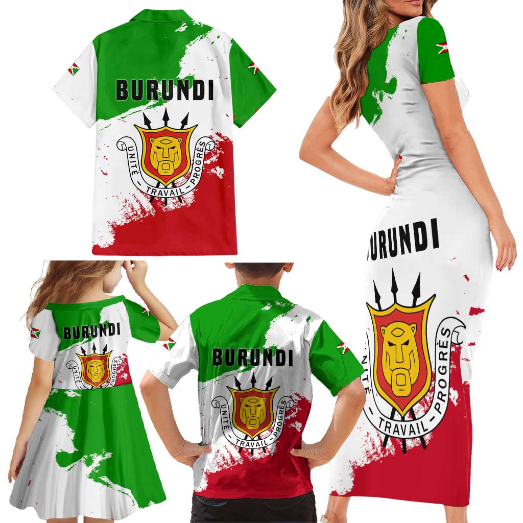 Burundi Flag Family Matching Short Sleeve Bodycon Dress and Hawaiian Shirt with National Emblem and Motto Unité Travail Progres