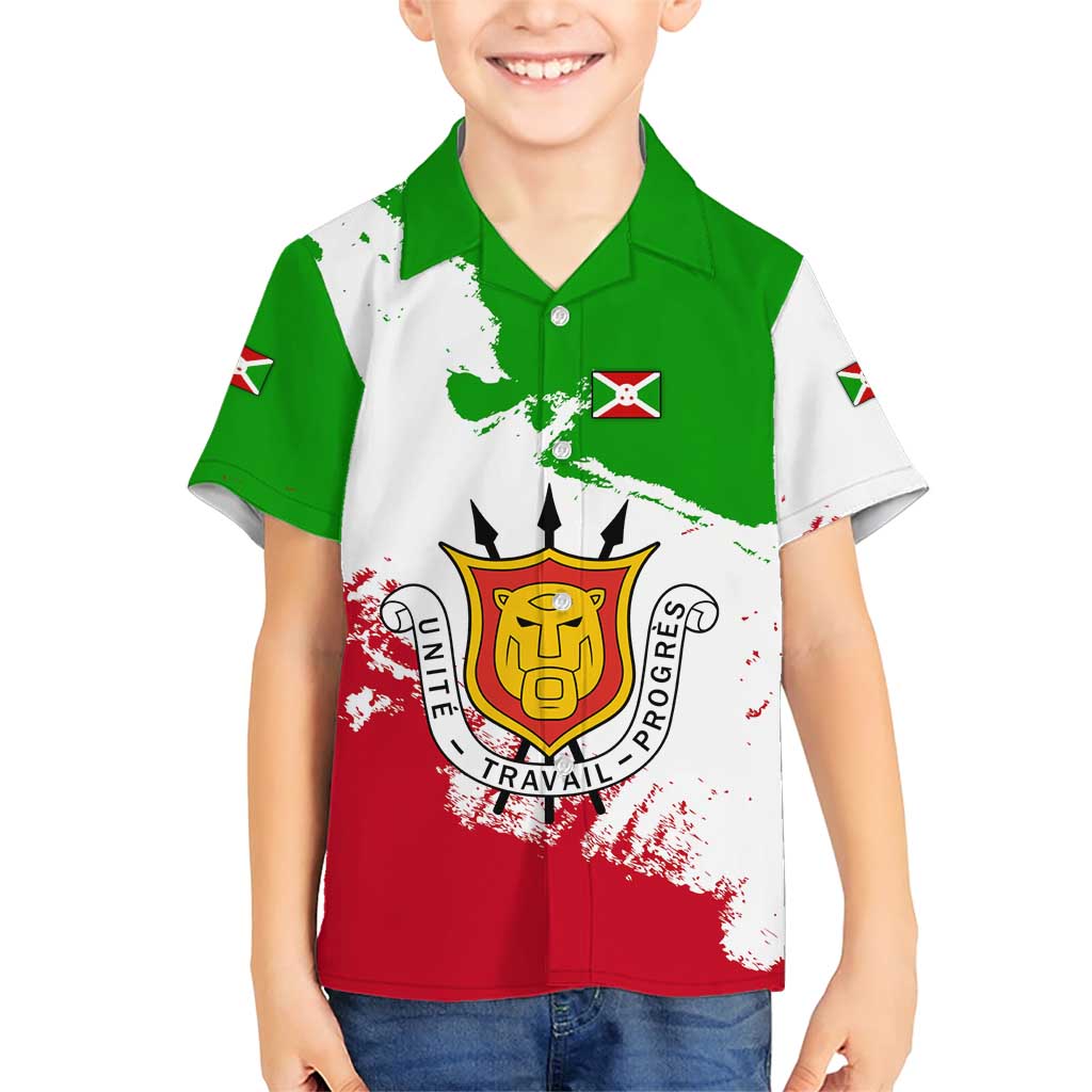 Burundi Flag Family Matching Short Sleeve Bodycon Dress and Hawaiian Shirt with National Emblem and Motto Unité Travail Progres