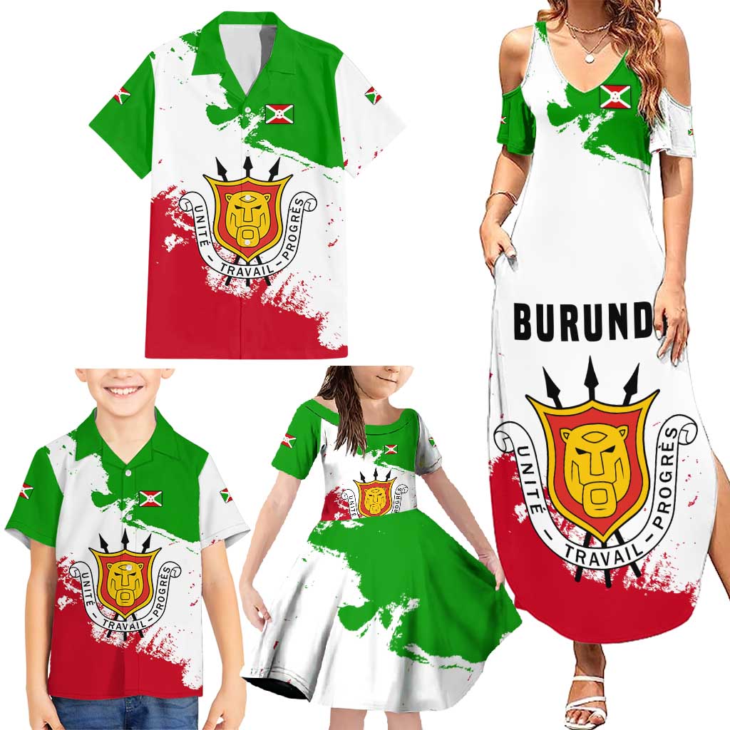 Burundi Flag Family Matching Summer Maxi Dress and Hawaiian Shirt with National Emblem and Motto Unité Travail Progres