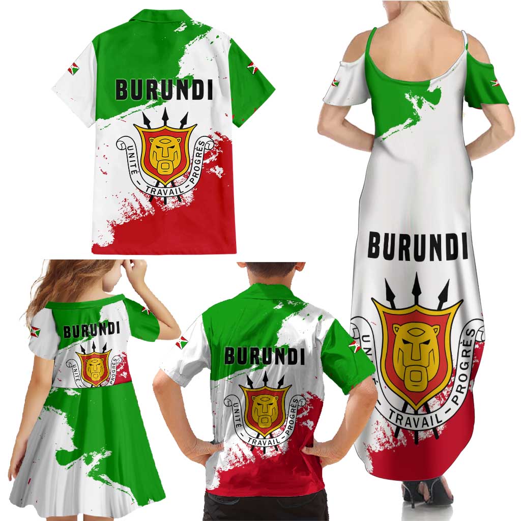 Burundi Flag Family Matching Summer Maxi Dress and Hawaiian Shirt with National Emblem and Motto Unité Travail Progres