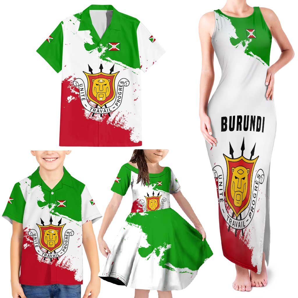 Burundi Flag Family Matching Tank Maxi Dress and Hawaiian Shirt with National Emblem and Motto Unité Travail Progres