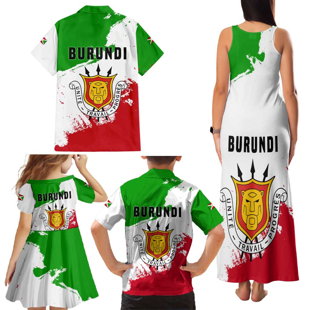 Burundi Flag Family Matching Tank Maxi Dress and Hawaiian Shirt with National Emblem and Motto Unité Travail Progres