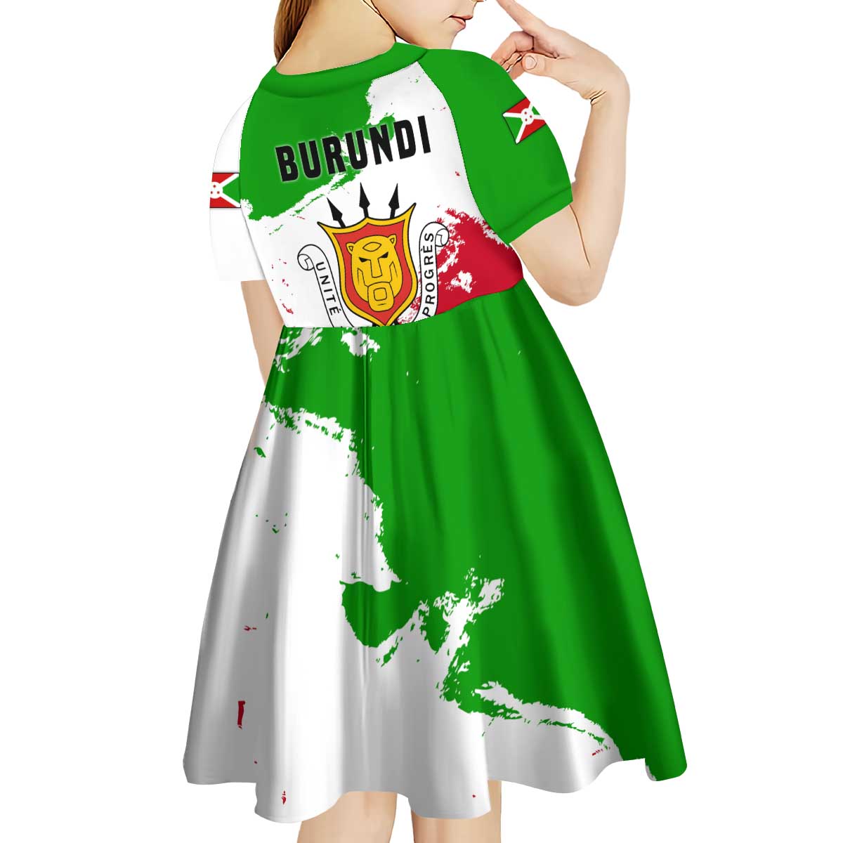 Burundi Flag Kid Short Sleeve Dress with National Emblem and Motto Unité Travail Progres