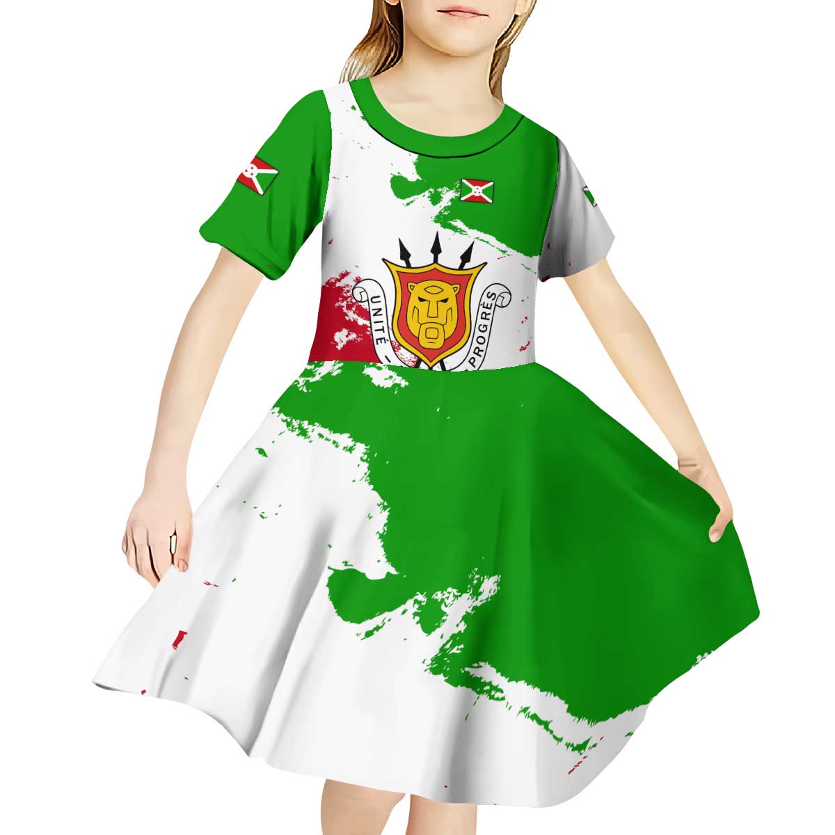 Burundi Flag Kid Short Sleeve Dress with National Emblem and Motto Unité Travail Progres