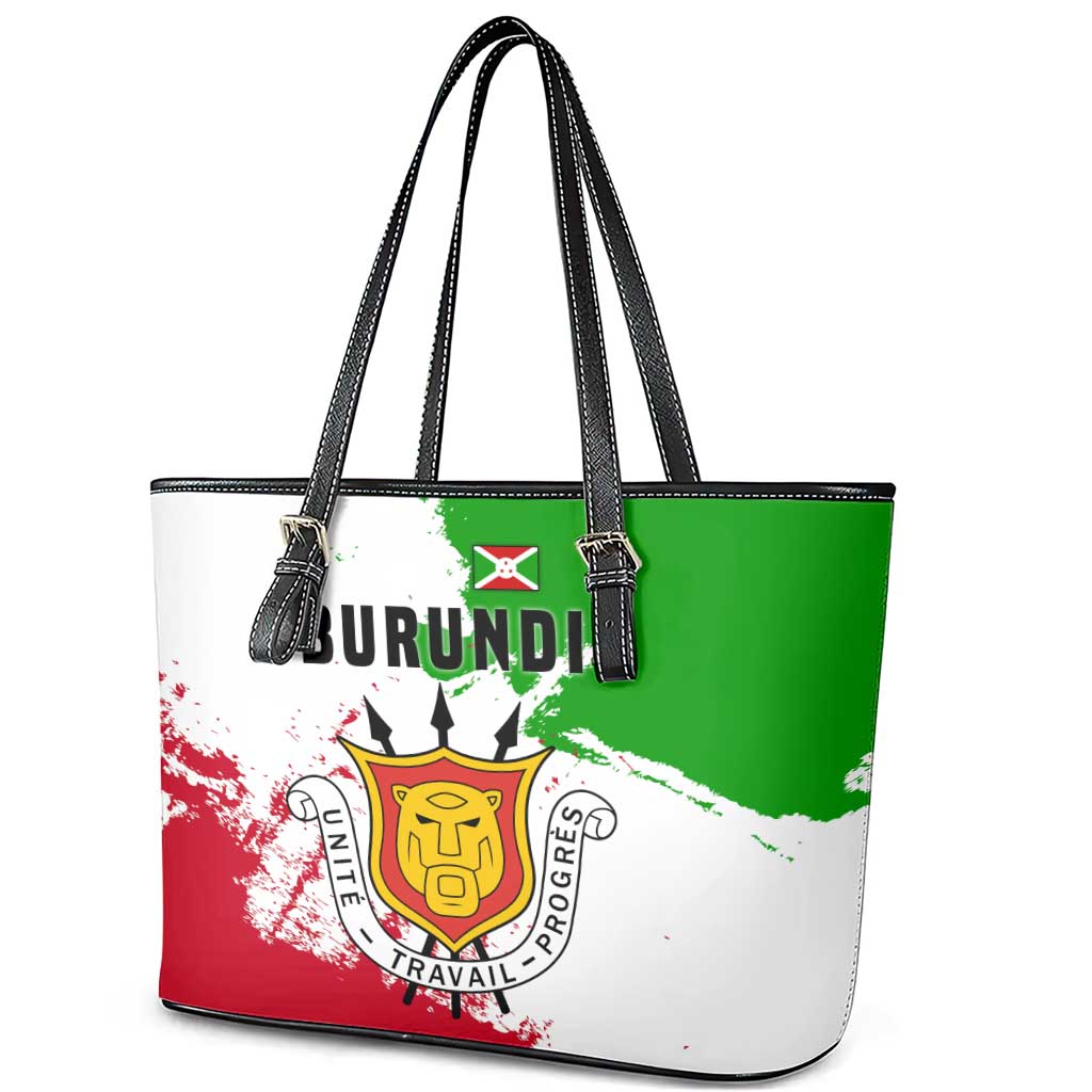 Burundi Flag Leather Tote Bag with National Emblem and Motto Unité Travail Progres