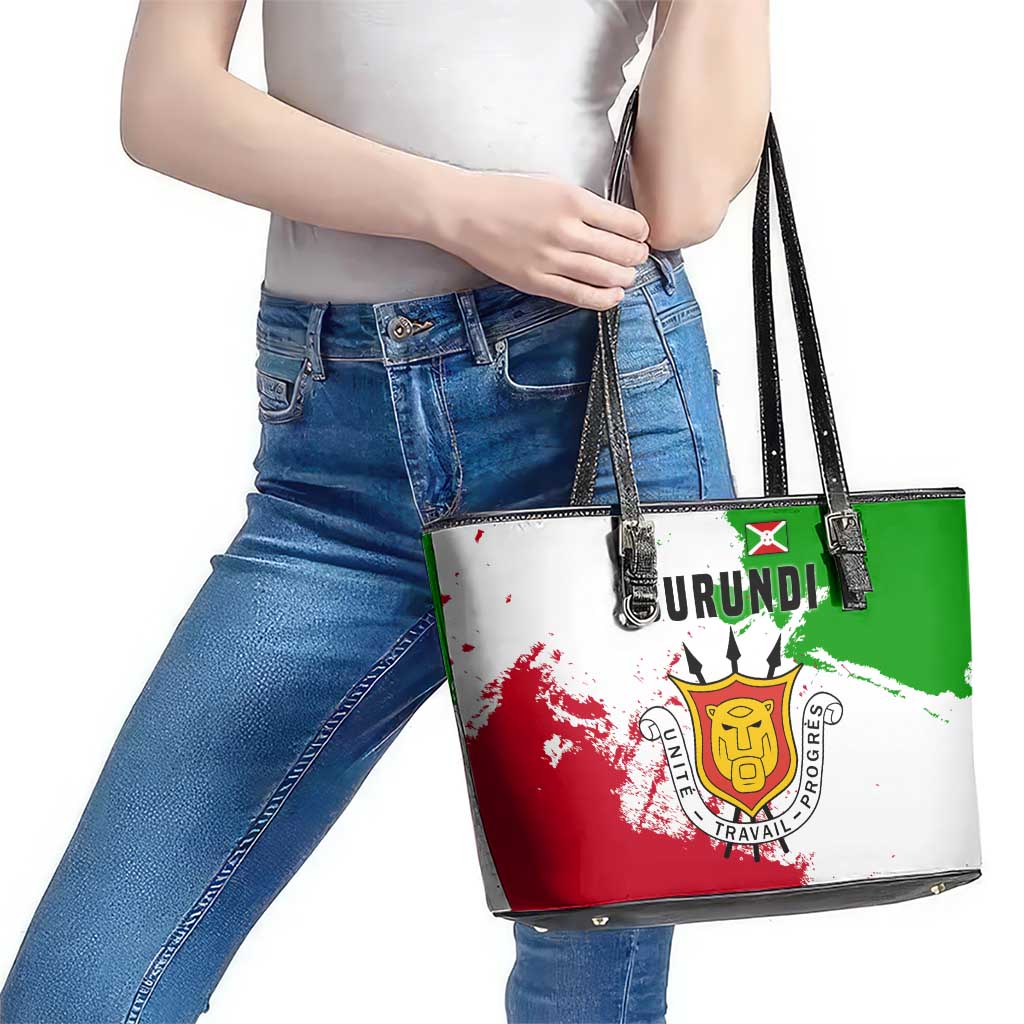 Burundi Flag Leather Tote Bag with National Emblem and Motto Unité Travail Progres