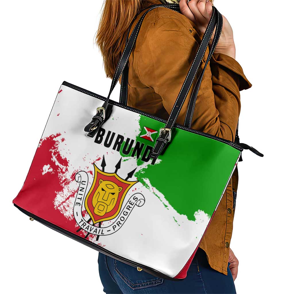 Burundi Flag Leather Tote Bag with National Emblem and Motto Unité Travail Progres