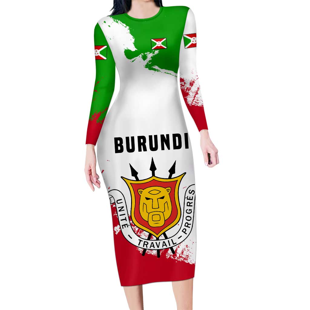 Burundi Flag Long Sleeve Bodycon Dress with National Emblem and Motto Unité Travail Progres