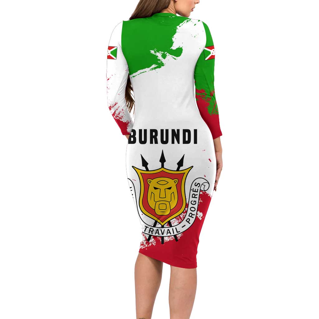 Burundi Flag Long Sleeve Bodycon Dress with National Emblem and Motto Unité Travail Progres
