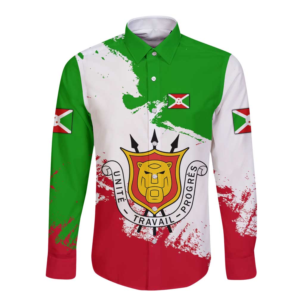 Burundi Flag Long Sleeve Button Shirt with National Emblem and Motto Unité Travail Progres